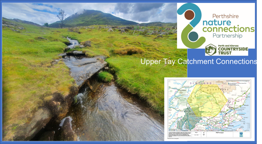 restored limestone grassland, ex-forestry, near Schiehallion; PNCP logo and map